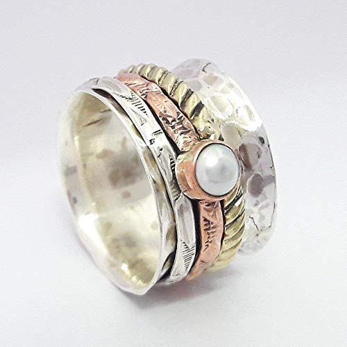 Pearl Ring for Mothers Gift-Beautiful Rose Gold Ring, 925 Sterling Silver Handmade Spinner Ring, Pearl Ring, Meditation Ring for Couple, Hammered Ring for Her, Chunky Ring, Textured Ring for Him