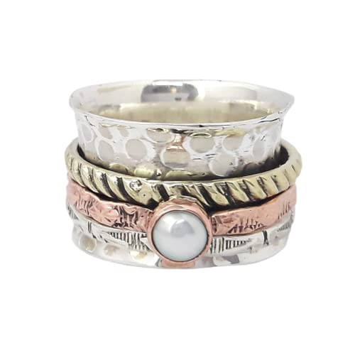 Pearl Ring for Mothers Gift-Beautiful Rose Gold Ring, 925 Sterling Silver Handmade Spinner Ring, Pearl Ring, Meditation Ring for Couple, Hammered Ring for Her, Chunky Ring, Textured Ring for Him
