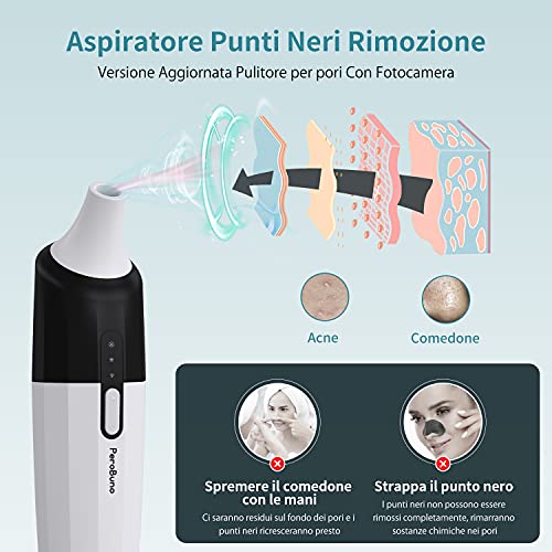 PeroBuno Limpiador de Poros con Camara y 4 Cabezales para Espinillas puntos negros y Acné Kit para la limpieza de puntos negros de la nariz quitar puntos negros