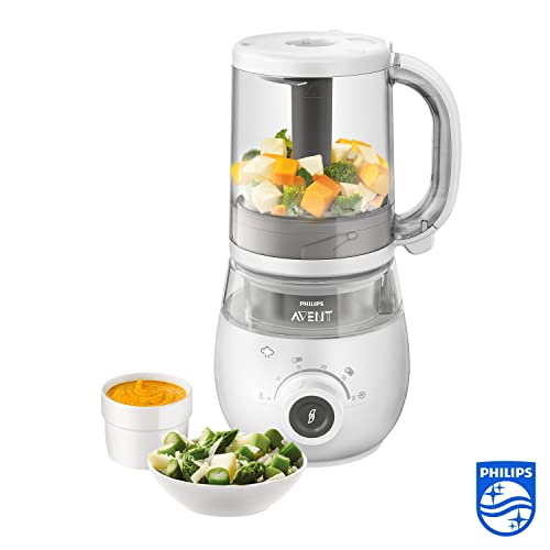 Philips Avent SCF883/01 - Procesador de alimentos para bebé 4 en 1 en color blanco: cocina a vapor, tritura, descongela y calienta en un solo recipiente