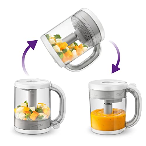 Philips Avent SCF883/01 - Procesador de alimentos para bebé 4 en 1 en color blanco: cocina a vapor, tritura, descongela y calienta en un solo recipiente