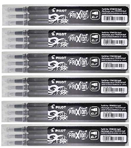 Pilot Negro Frixion Clicker Retráctil Fino Punta redonda Borrable, Recambios Para Bolígrafos Tinta BLS-FR7 (Paquete De 6 - 18 Repuestos) (BLS-FR7-B-S3_6_D)
