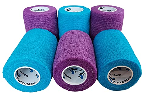 PintoMed Venda Cohesiva -3 Azul Claro + 3 Morado - 6 Rollos x 7,5cm x 4,5m Autoadhesivo Flexible Vendaje, Primeros Auxilios, Lesiones, embalados Individualmente