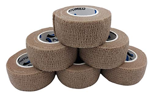 PintoMed Venda Cohesiva - Beige - 6 Rollos 2,5cm x 4,5 m Autoadhesivo Flexible Vendaje, Primeros Auxilios, Lesiones,