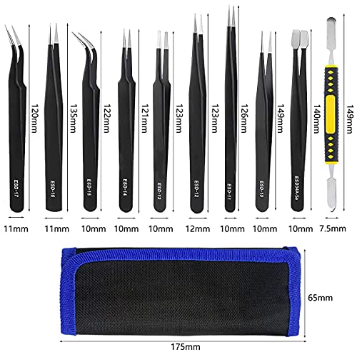 Pinzas de Precisión Kit, 10Pcs ESD Anti-estática Acero Inoxidable Pinzas Industriales para Electrónica, Joyería, Trabajo de Laboratorio, Artesanía