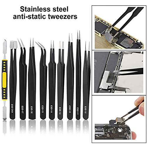 Pinzas de Precisión Kit, 10Pcs ESD Anti-estática Acero Inoxidable Pinzas Industriales para Electrónica, Joyería, Trabajo de Laboratorio, Artesanía