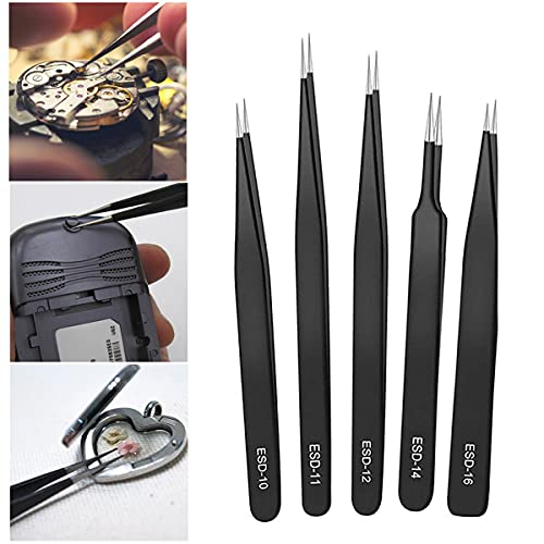 Pinzas de Precisión Kit, 10Pcs ESD Anti-estática Acero Inoxidable Pinzas Industriales para Electrónica, Joyería, Trabajo de Laboratorio, Artesanía