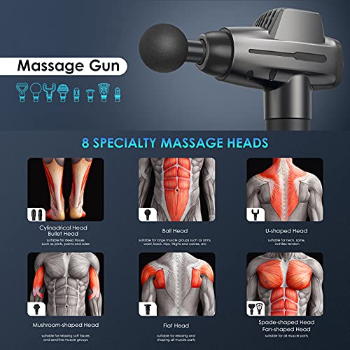 Pistola de masaje de tejido profundo, masajeador de percusión profesional con 20 niveles de velocidad, 8 cabezales de masaje, potente pistola de masaje muscular portátil para atletas