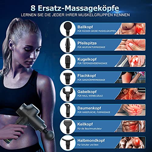 Pistola de Masaje Muscular, Masajeador Eléctrica de Músculos de Tejido Profundo con 30 Velocidades Ajustables,8 Cabezales de Masaje, Pantalla LCD Táctil, Pistola Masaje Ultra Silencioso (Negro)