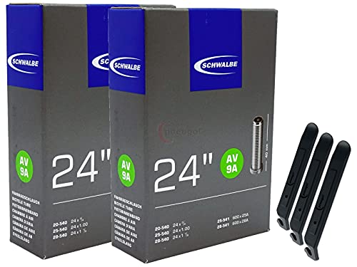 pneugo! Schwalbe 20-540/28-541AV9A - Cámara de aire para bicicleta (2 unidades, 24", con válvula automática y 3 desmontadores de neumáticos)