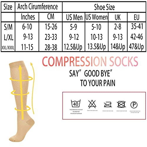 Pnosnesy Calcetines de Compresión (7 pares) para Hombres y Mujeres de 15 a 20 mmHg, los Mejores para Atletismo, Carrera, Viajes en avión, Apoyo (S/M, Beige)