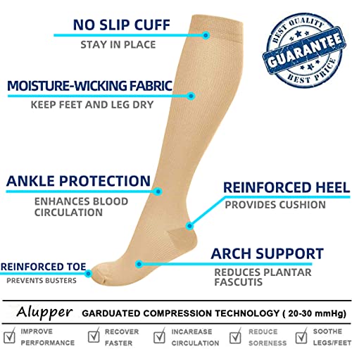 Pnosnesy Calcetines de Compresión (7 pares) para Hombres y Mujeres de 15 a 20 mmHg, los Mejores para Atletismo, Carrera, Viajes en avión, Apoyo (S/M, Beige)