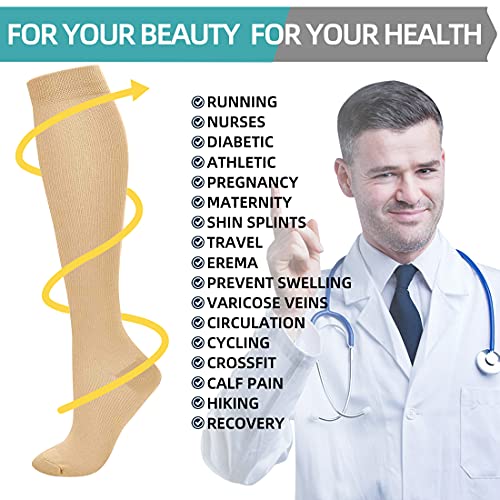 Pnosnesy Calcetines de Compresión (7 pares) para Hombres y Mujeres de 15 a 20 mmHg, los Mejores para Atletismo, Carrera, Viajes en avión, Apoyo (S/M, Beige)