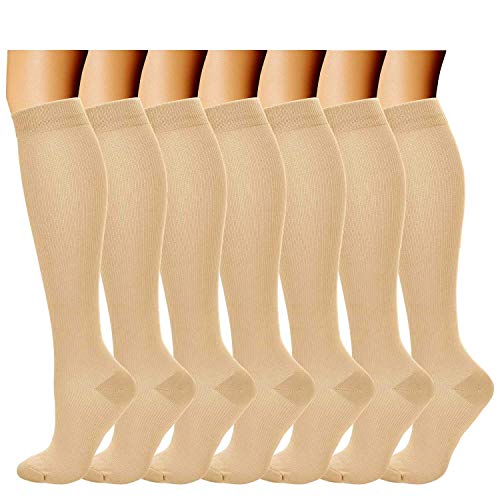 Pnosnesy Calcetines de Compresión (7 pares) para Hombres y Mujeres de 15 a 20 mmHg, los Mejores para Atletismo, Carrera, Viajes en avión, Apoyo (S/M, Beige)