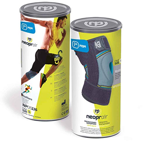 PRIM NEOPRAIR | Rodillera envolvente | Rótula Abierta | Dolor articular/Bursitis/Tendinitis | Neopreno Tanspirable | Uso deportivo |Talla única | Color Gris y Azul