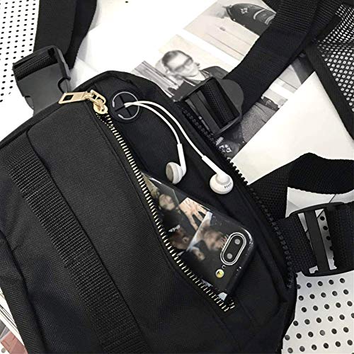 PTONZ Pecho Rig Bag Función Hip Hop Ajustable Táctico Bolsas Riñonera Streetwear Riñoneras Hombro Cruzada Paquetes de Cintura Funcionales Bolsa de Accesorios Teléfono Móvil Unisex-Negro