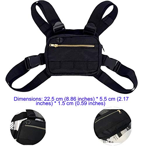 PTONZ Pecho Rig Bag Función Hip Hop Ajustable Táctico Bolsas Riñonera Streetwear Riñoneras Hombro Cruzada Paquetes de Cintura Funcionales Bolsa de Accesorios Teléfono Móvil Unisex-Negro