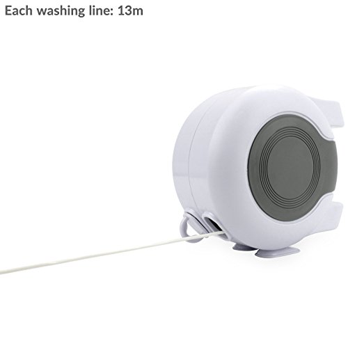 Pukkr Línea de lavado retráctil doble 30M | Secador de ropa de servicio pesado de pared | Carrete extensible aireador | 2 x 15m líneas