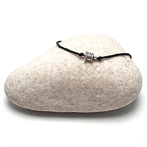 Pulsera Tobillera de España Tamaño Ajustable La Tobillera de Cordón de Nailon con un Pequeño Сorazón o Estrella incluye una Bolsa de Organza Hecho a Mano en España (Negro Plata, Tortuga)