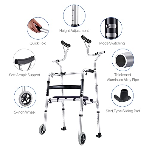 qiaosiye Andador Adultos de Aluminio, Andadores Plegable con Asiento, Ligero, Caminador para Ancianos y minusvalidos (2 Ruedas y 6 Ruedas)
