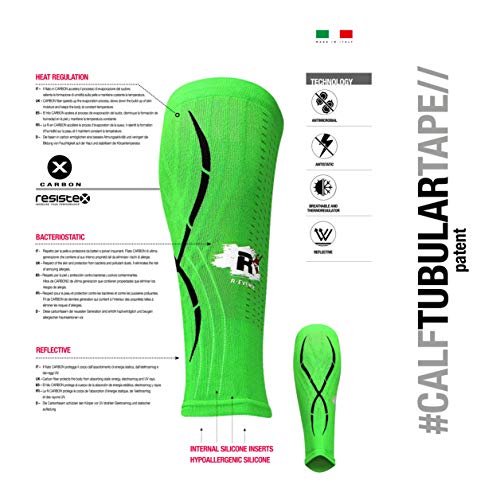 R-evenge Calf - Calefactor técnico de compresión para pantorrillas, diseño de Tubular, Base en kinesiotaping, Color Fucsia Fluo-Negro, tamaño Medium- h 1,65-1.75m