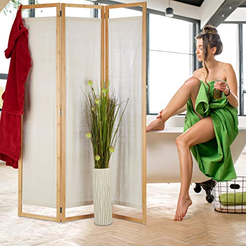 Relaxdays Biombo de 3 Paneles, Separador Ambientes, Parabán Decorativo, Bambú y Tela, 1 Ud., 170 x 120 x 1,5 cm, Marrón, 10028847