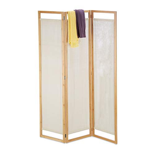 Relaxdays Biombo de 3 Paneles, Separador Ambientes, Parabán Decorativo, Bambú y Tela, 1 Ud., 170 x 120 x 1,5 cm, Marrón, 10028847