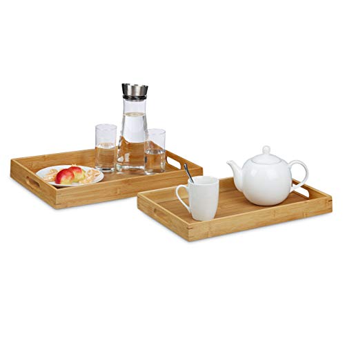 Relaxdays Pack de 2 Bandejas Madera Rectangular con Asas y Reborde, Bambú, Marrón, 45 x 42 cm