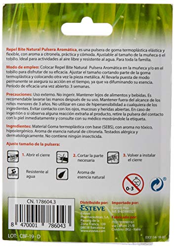 REPEL BITE NATURAL ADULTO pulsera citronela. Pulsera AntImosquitos. Ajustablepara muñeca y tobillo. Resistente al agua. Duración 3 semanas.