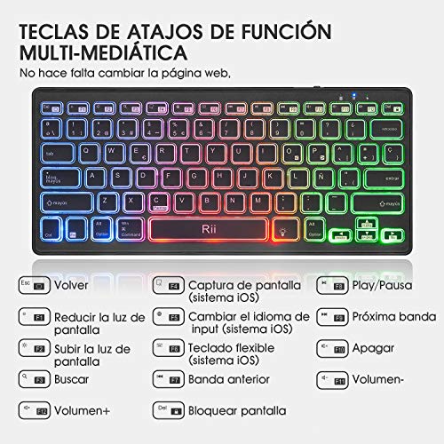 Rii K09 Teclado Inalámbrico Bluetooth, Teclado de Español RGB Colores Retroiluminado - Teclado Bluetooth 4.0 Ultra Delgado con Batería Recargable, Sistemas de iOS, Android, Windows
