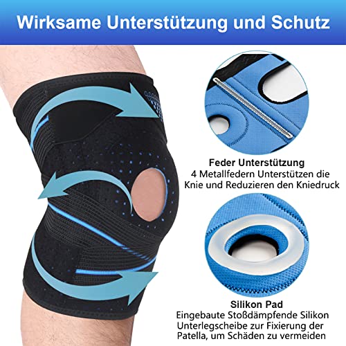 Rodillera deportiva con almohadillas de gel y muelle, estabilizadores laterales, ortopédica ajustable con cierre de velcro para voleibol, correr, ciclismo, talla única, unisex, color azul