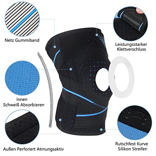 Rodillera deportiva con almohadillas de gel y muelle, estabilizadores laterales, ortopédica ajustable con cierre de velcro para voleibol, correr, ciclismo, talla única, unisex, color azul