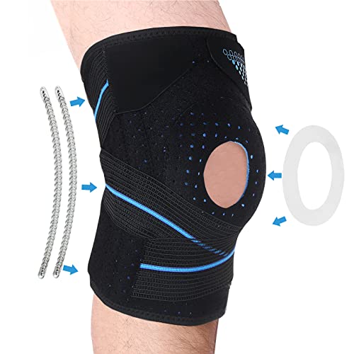 Rodillera deportiva con almohadillas de gel y muelle, estabilizadores laterales, ortopédica ajustable con cierre de velcro para voleibol, correr, ciclismo, talla única, unisex, color azul