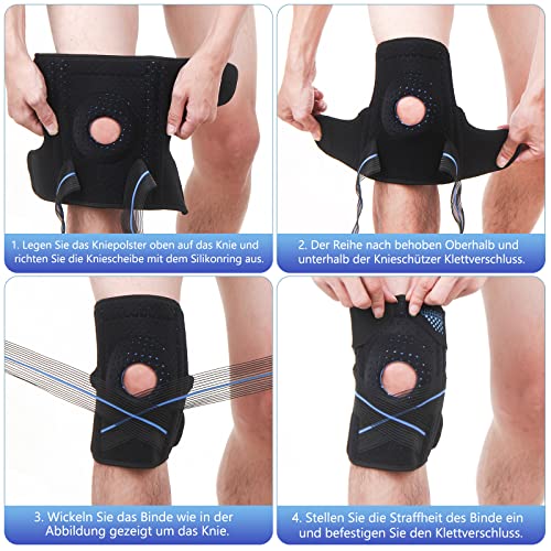 Rodillera deportiva con almohadillas de gel y muelle, estabilizadores laterales, ortopédica ajustable con cierre de velcro para voleibol, correr, ciclismo, talla única, unisex, color azul