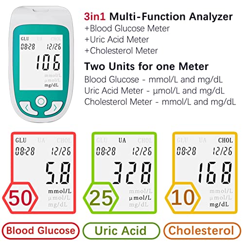 RONGXI Monitores de Salud del hogar, 3IN1 COLESTEROL MULTIFUNCIÓN COLESTEROL ácido ácido en Sangre Medidor de glucómetros Kit de glucómetro Diabetes GOUT Tester Sangre Sugar Monitor Tiras de Prueba