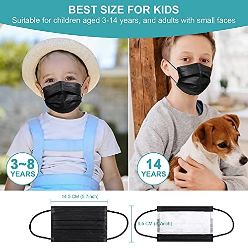 Rousig 50 PCS Mascarilla Higiénica Niños Desechables Tipo IIR, 3 Capas Transpirables con Elástico Adecuado para Niños Nero