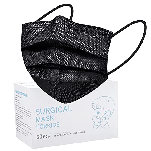 Rousig 50 PCS Mascarilla Higiénica Niños Desechables Tipo IIR, 3 Capas Transpirables con Elástico Adecuado para Niños Nero