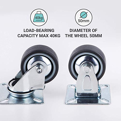 Ruedas giratorias de alta calidad de 50 mm de goma suave para muebles con placas de montaje, ruedas de rotación completa, ruedas industriales, diseño moderno (4, 2 sin frenos + 2 unidireccional)