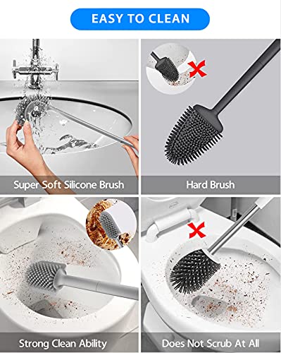 Rwest X Escobillas De Baño, Escobilla de Baño Silicona, Versión 2021 Escobilla WC Silicona con Secado Rápido, Escobilla y Portaescobillas de Baño Silicona de Montaje en Suelo Montaje en Pared (Gris)
