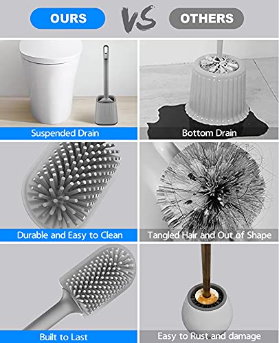 Rwest X Escobillas De Baño, Escobilla de Baño Silicona, Versión 2021 Escobilla WC Silicona con Secado Rápido, Escobilla y Portaescobillas de Baño Silicona de Montaje en Suelo Montaje en Pared (Gris)