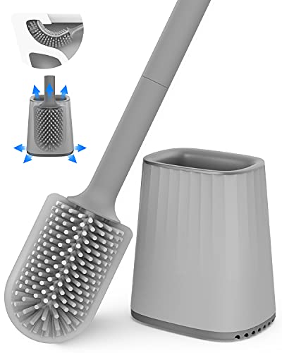 Rwest X Escobillas De Baño, Escobilla de Baño Silicona, Versión 2021 Escobilla WC Silicona con Secado Rápido, Escobilla y Portaescobillas de Baño Silicona de Montaje en Suelo Montaje en Pared (Gris)
