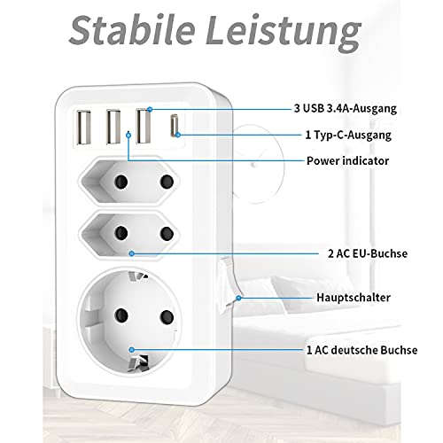 Saiwill Enchufe USB Pared, con 3 Puertos USB ,1 Puertos Tpye-c y 3 Tomas de CA ,Ladron Enchufe Multiple Pared Usado para Officio, Baño,Sala o Habitación.Blanco