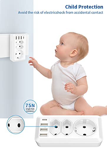 Saiwill Enchufe USB Pared, con 3 Puertos USB ,1 Puertos Tpye-c y 3 Tomas de CA ,Ladron Enchufe Multiple Pared Usado para Officio, Baño,Sala o Habitación.Blanco