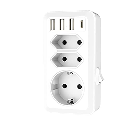 Saiwill Enchufe USB Pared, con 3 Puertos USB ,1 Puertos Tpye-c y 3 Tomas de CA ,Ladron Enchufe Multiple Pared Usado para Officio, Baño,Sala o Habitación.Blanco