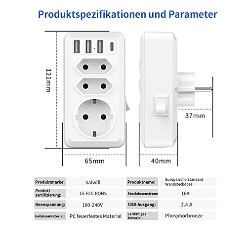 Saiwill Enchufe USB Pared, con 3 Puertos USB ,1 Puertos Tpye-c y 3 Tomas de CA ,Ladron Enchufe Multiple Pared Usado para Officio, Baño,Sala o Habitación.Blanco