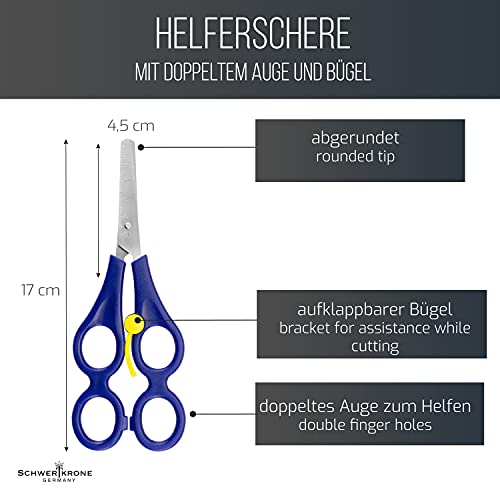 Schwertkrone Tijeras terapeutas con doble mango de 17 cm de longitud, color azul, tijeras de ayuda para niños, tijeras de aprendizaje, tijeras para manualidades, con muelle de retorno inoxidable