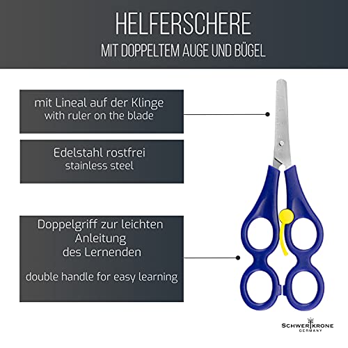 Schwertkrone Tijeras terapeutas con doble mango de 17 cm de longitud, color azul, tijeras de ayuda para niños, tijeras de aprendizaje, tijeras para manualidades, con muelle de retorno inoxidable