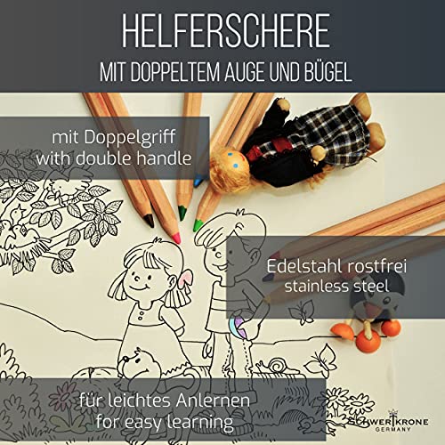 Schwertkrone Tijeras terapeutas con doble mango de 17 cm de longitud, color azul, tijeras de ayuda para niños, tijeras de aprendizaje, tijeras para manualidades, con muelle de retorno inoxidable