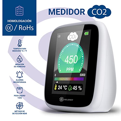 SELENSY Medidor de CO2 -Alarma Incorporada-Portátil a Tiempo Real- 400-5000 PPM -Medidor de Calidad de Aire Interior- Humedad y Temperatura - Sensor NDIR - Batería Litio - Cargador Incluido