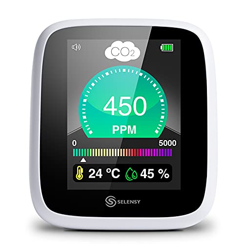 SELENSY Medidor de CO2 -Alarma Incorporada-Portátil a Tiempo Real- 400-5000 PPM -Medidor de Calidad de Aire Interior- Humedad y Temperatura - Sensor NDIR - Batería Litio - Cargador Incluido
